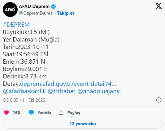 Muğla'da 3.5 büyüklüğünde deprem!